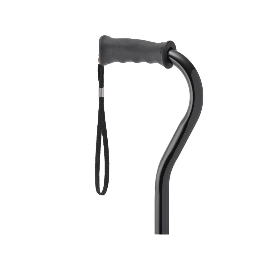 A close-up of the Medline Aluminum Offset Cane with a gray ergonomic gel grip handle and black wrist strap, providing daily mobility support, shown against a plain white background.